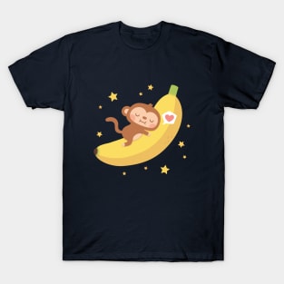 Cute Monkey Hugging Banana Moon Funny T-Shirt